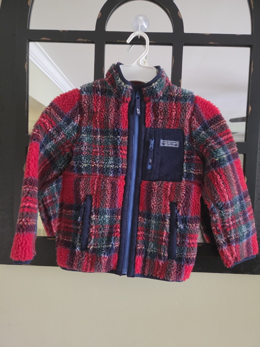 Vineyard Vines Kids Red Plaid Sherpa Jacket with Navy Accents